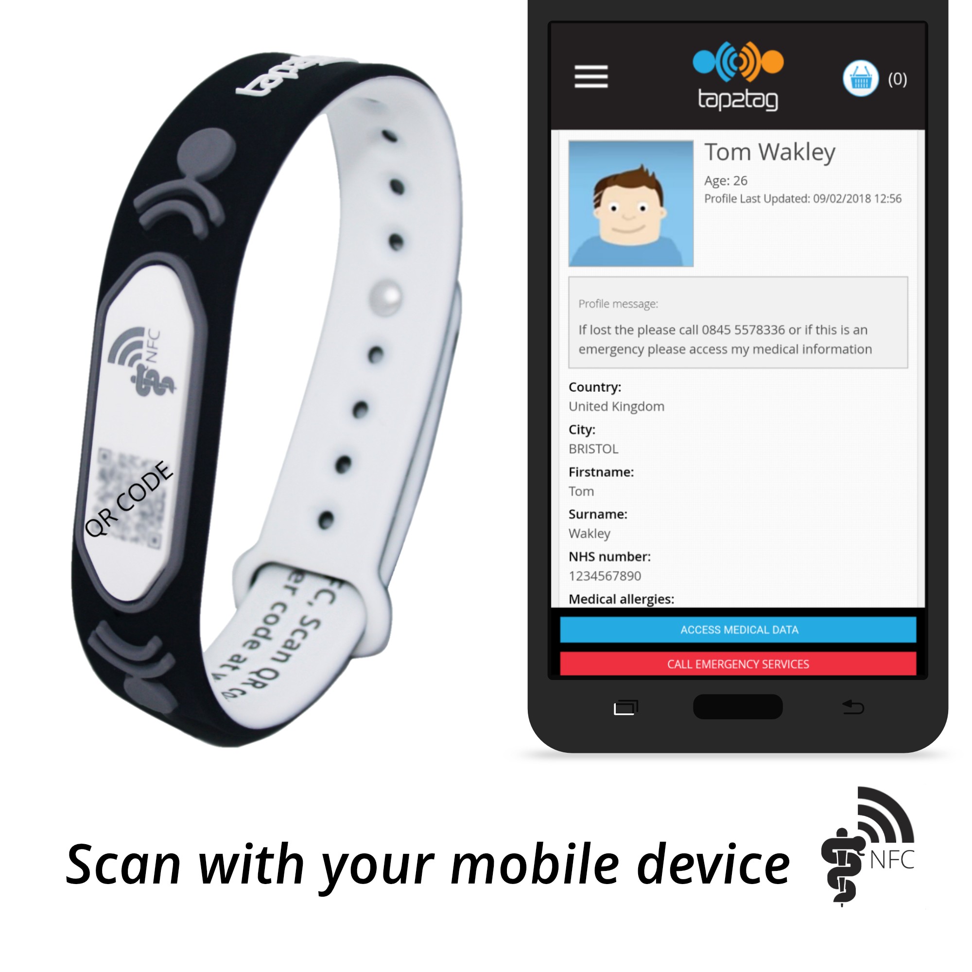 Black Adjustable Medical Alert Wristband from Tap2Tag with NFC and QR code